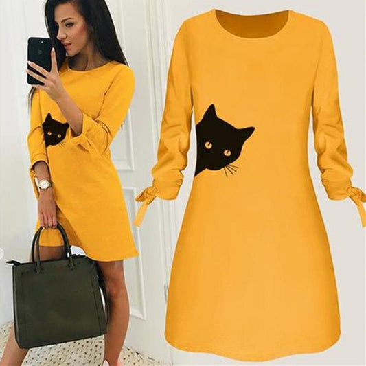 Cat Print Bow O Neck Long Sleeve Party Mini Dress