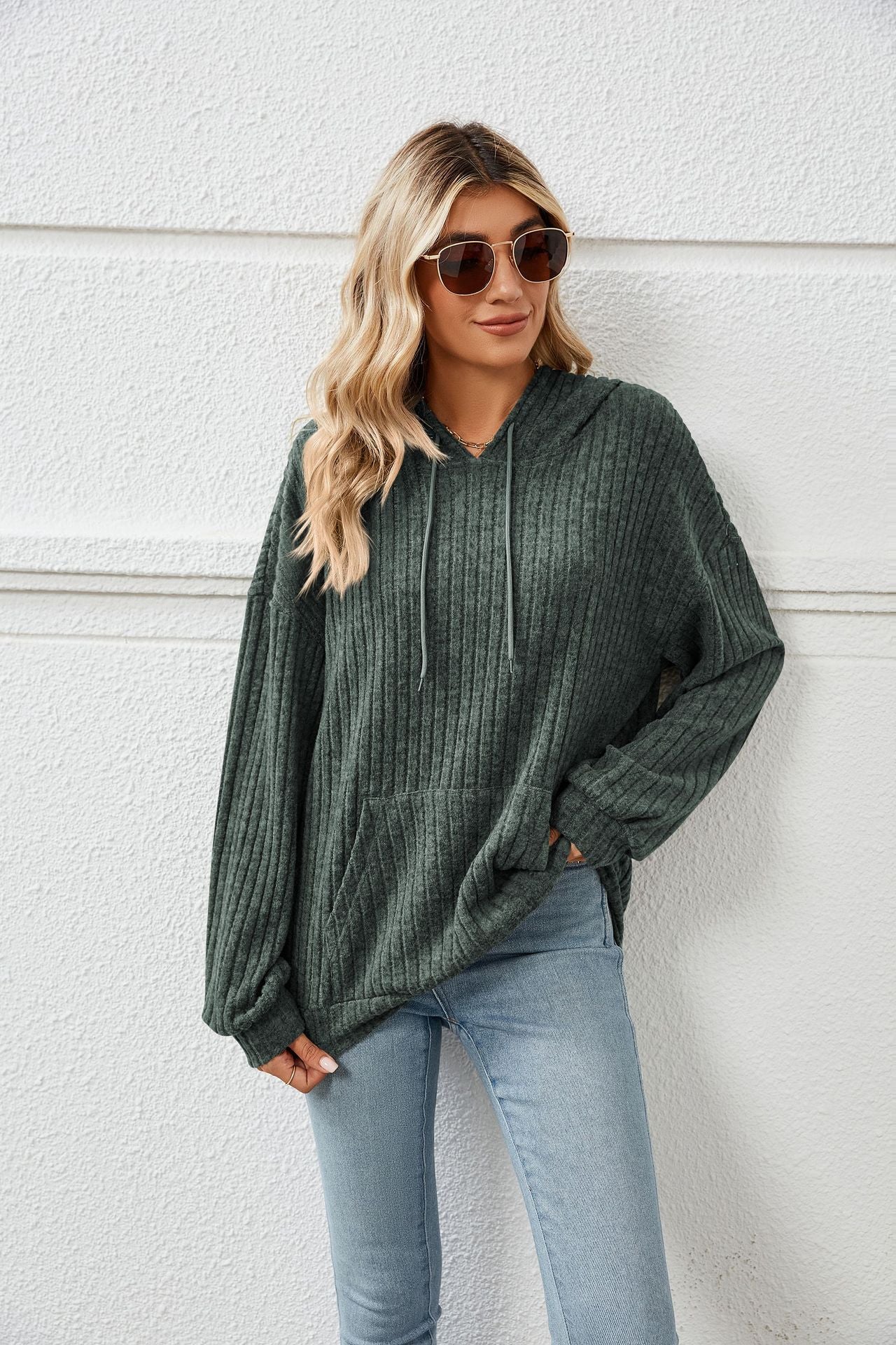 Knitted Hooded Sweater with Pit Stripe Kangaroo Pocket