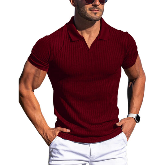 Lapel V-neck Vertical Striped Polo T-shirt