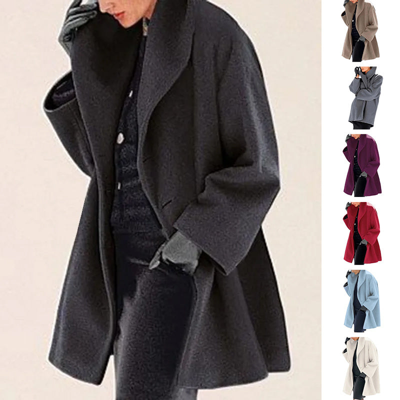 Round Neck Solid Color Woolen Coat