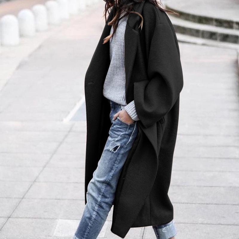 Solid Color Single Breasted Lapel Woolen Coat