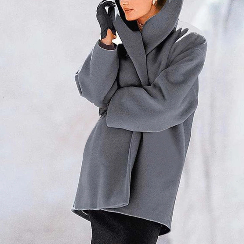 Round Neck Solid Color Woolen Coat