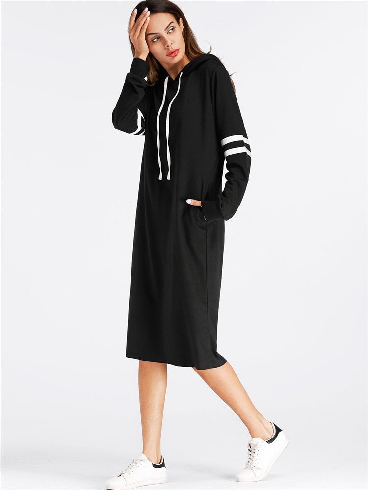 Long Sleeve Striped Hooded Loose Dress