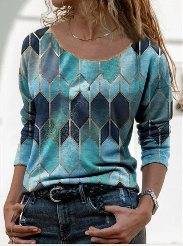 Long Sleeve Retro Geometric Print T-shirt