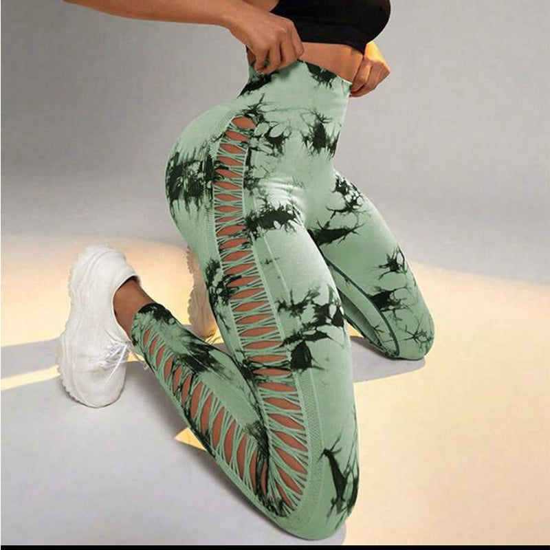 Hollow Tie Dye Printed Yoga Pants