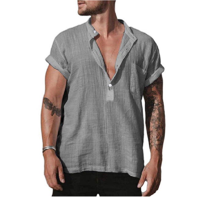 Loose Stand Neck Solid Color Pocket Short Sleeve Shirt