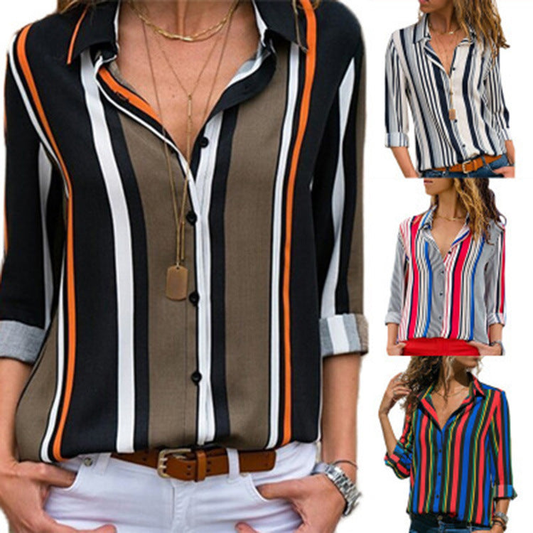 Striped Casual V-Neck Long Sleeve Chiffon Blouse