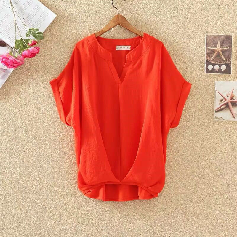 Solid Color V-neck Batwing Loose Slimming Cotton & Linen Top