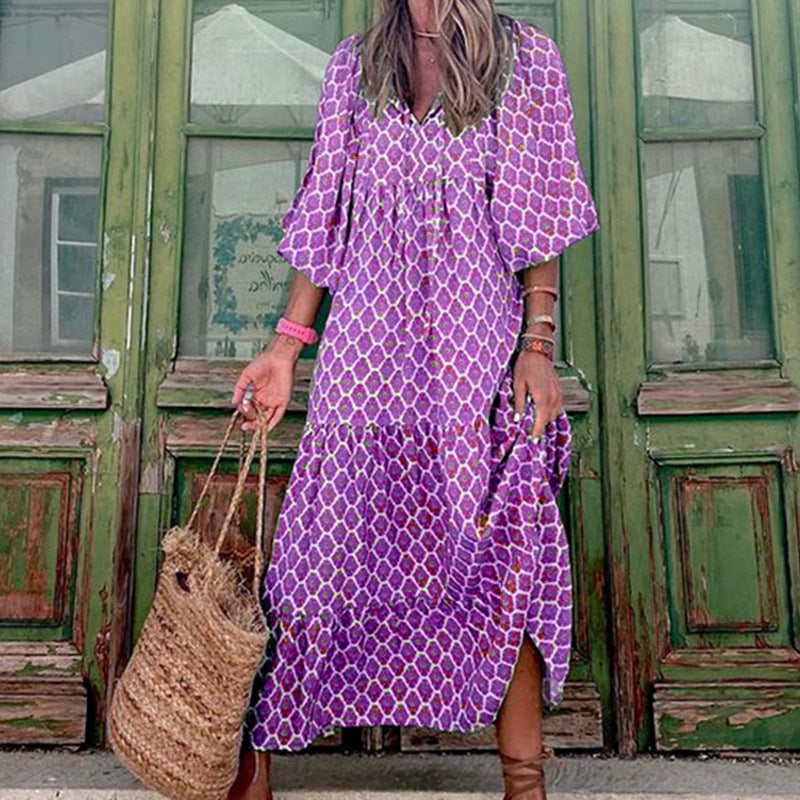 Vintage Printed Bohemian Elegant Loose V-Neck Short Sleeve Long Dress