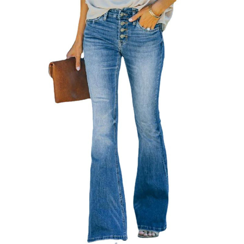 Multi-button Flared Washed Jeans