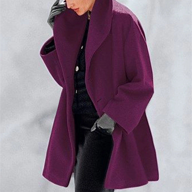 Round Neck Solid Color Woolen Coat