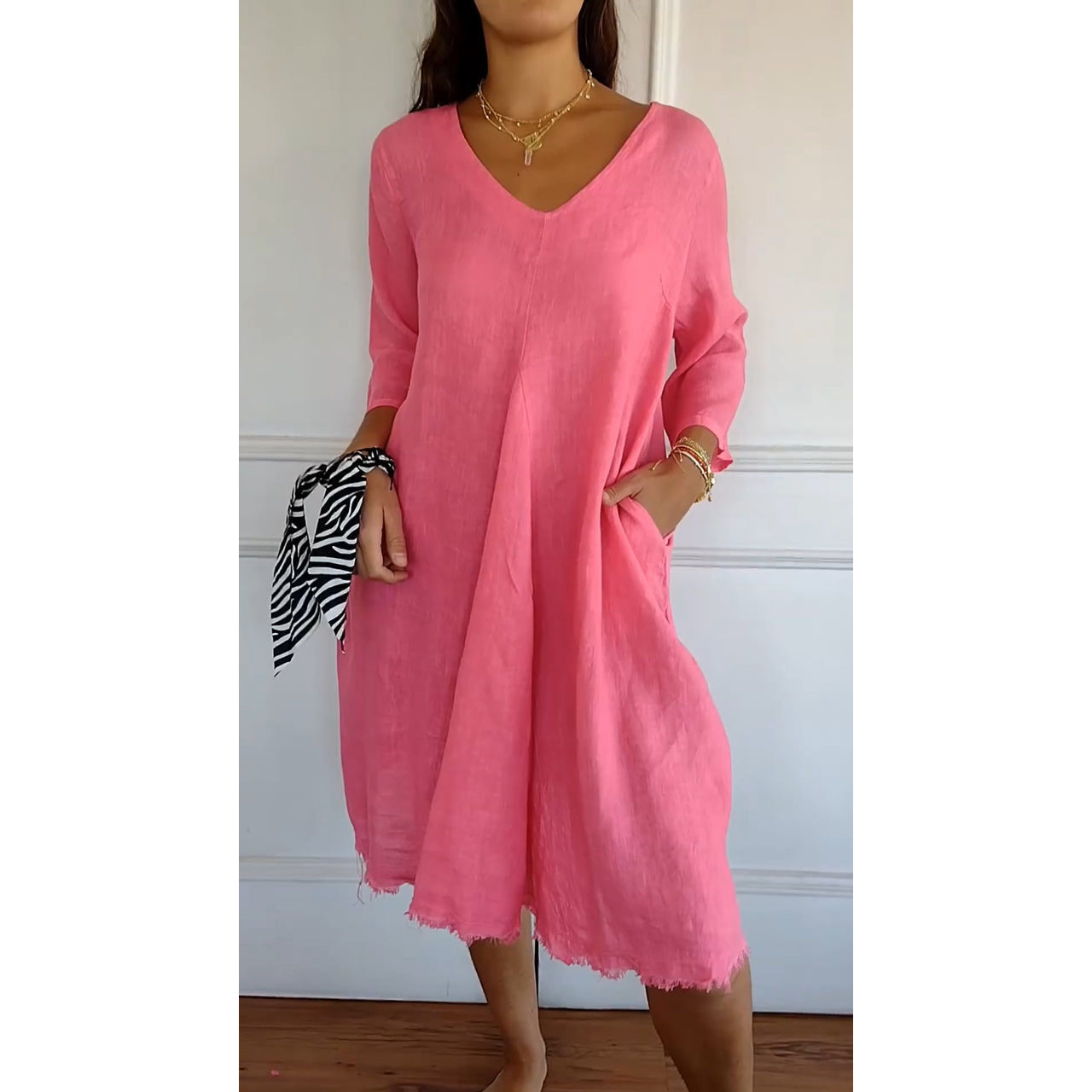 Plus Size Spring-Summer Loose-fitting V-neck Mid-length Dress