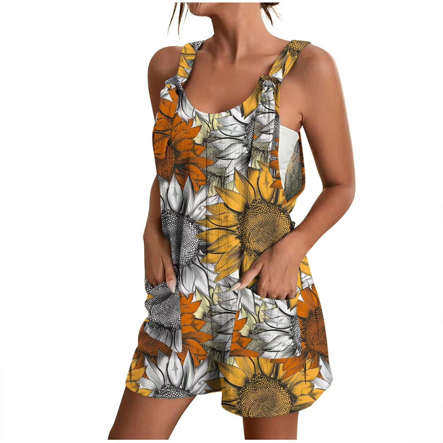 V-neck Strap Pocket Printed Jumpsuit Shorts