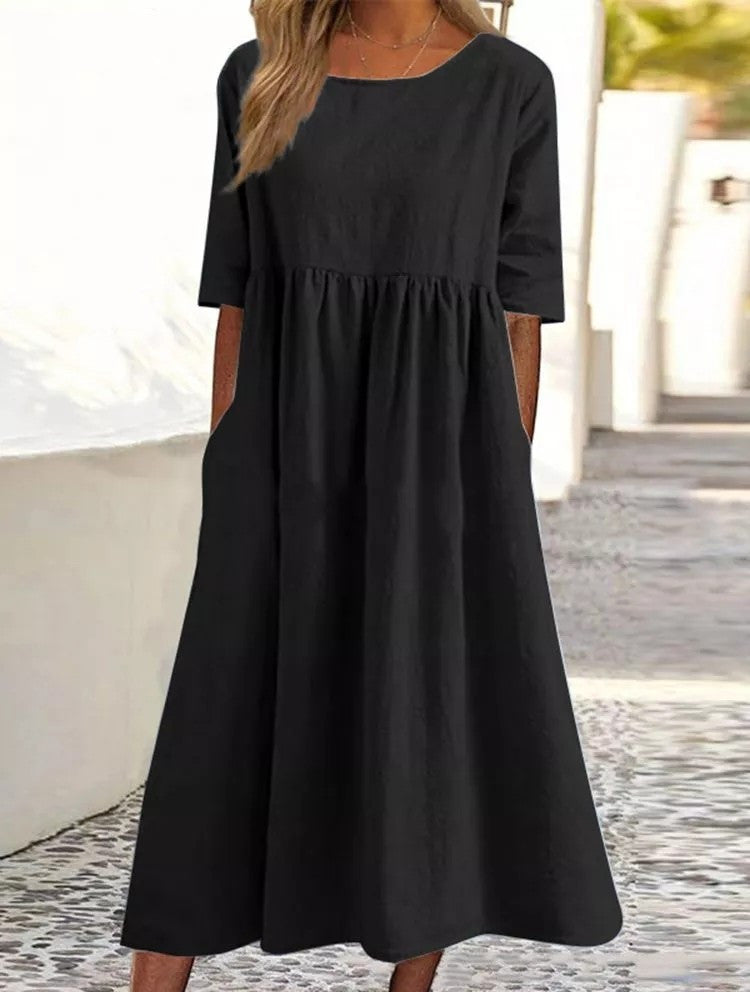 Plus Size Round Neck Loose Long Solid Color Cotton Linen Dress