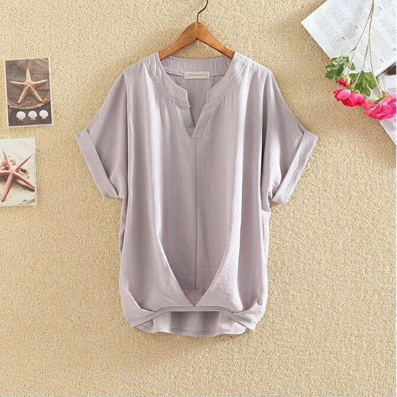 Solid Color V-neck Batwing Loose Slimming Cotton & Linen Top