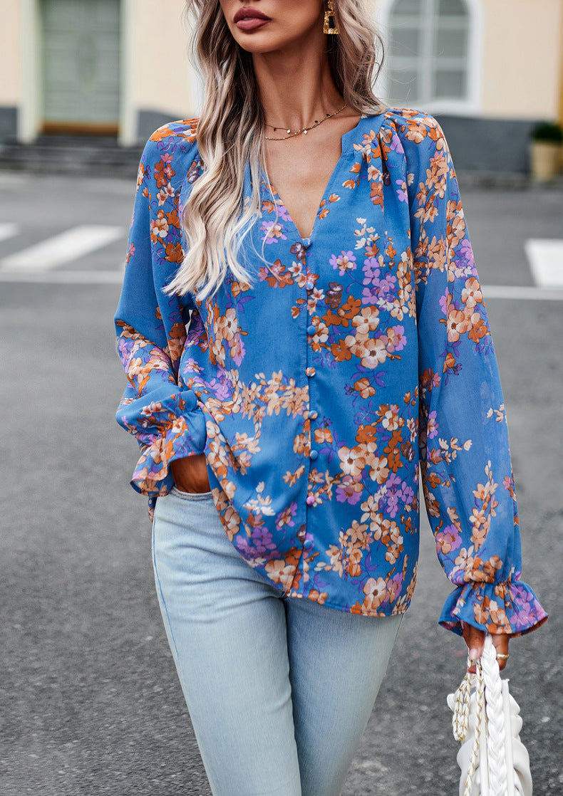 Floral Print V Neck Long Sleeve Chiffon Shirt