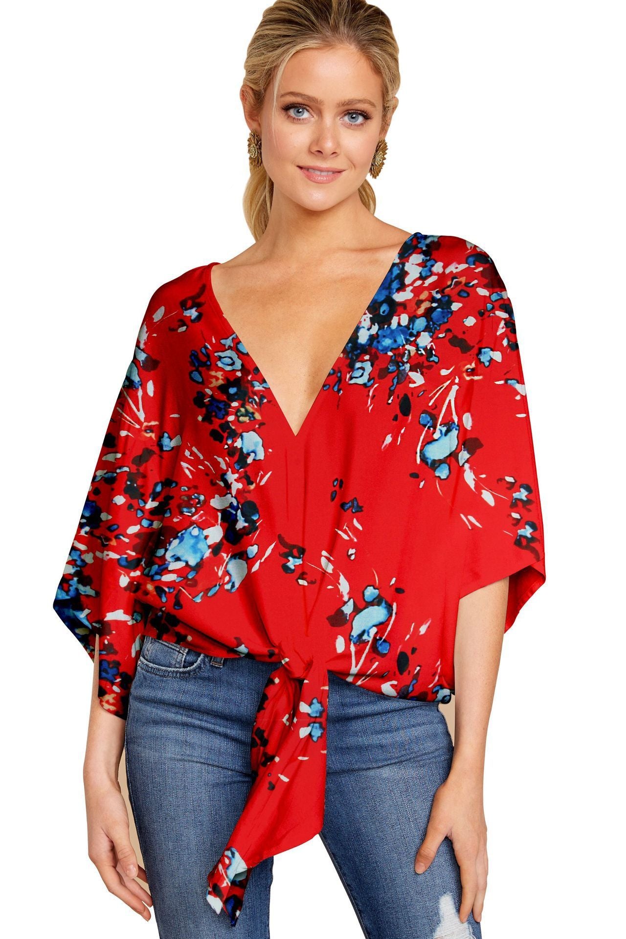 V-Neck Short-Sleeved Printed Loose Top