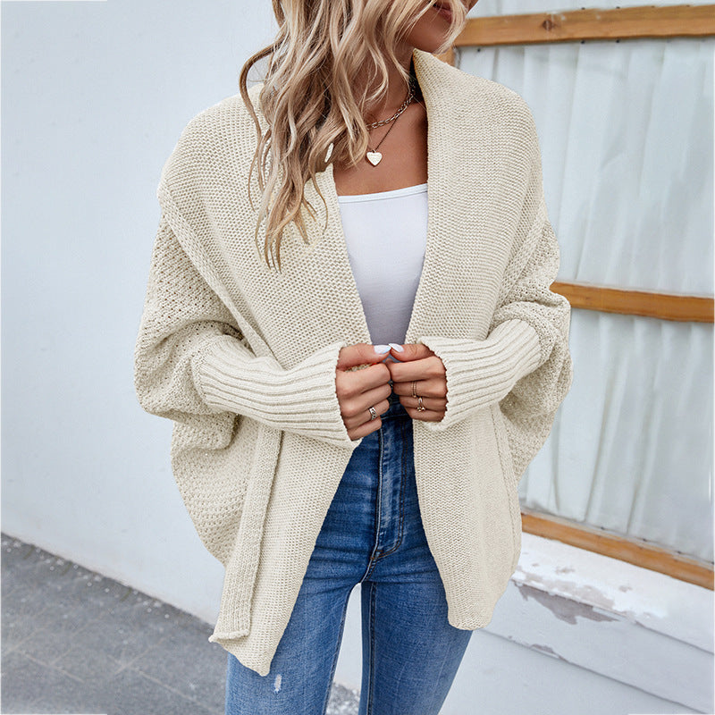 Loose Knitted Sweater Solid Color Bat Sleeve Large Lapel Cardigan