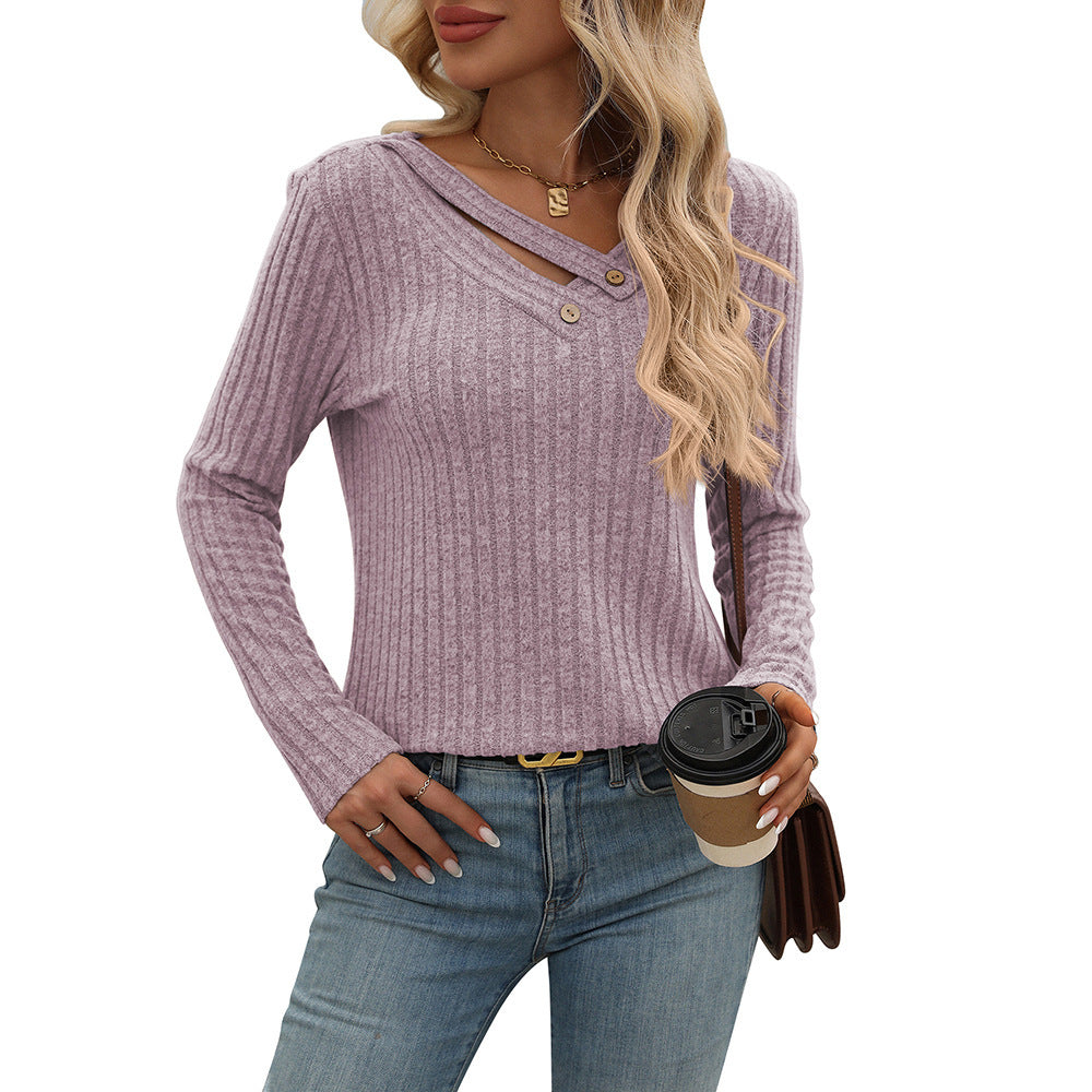 V-neck Button Top Sunken Stripe T-Shirt