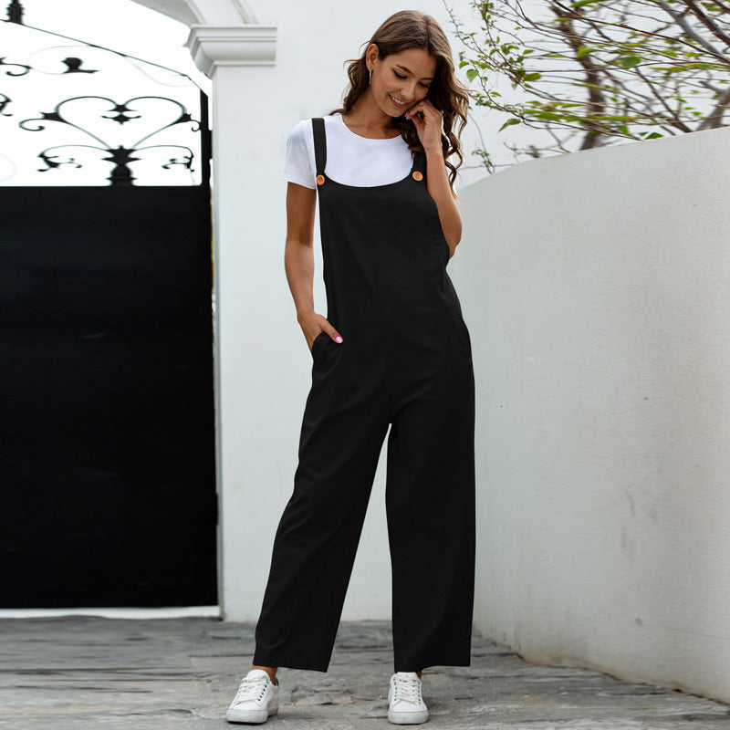 Loose Straight Bib Pants Jumpsuit with Pockets