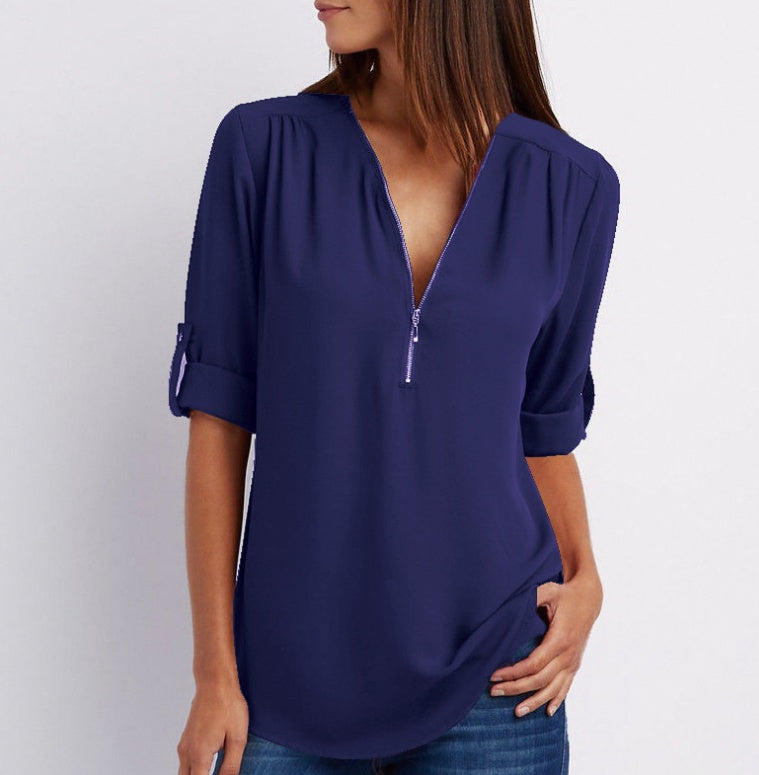 Zip V-neck Short Sleeve Loose Top