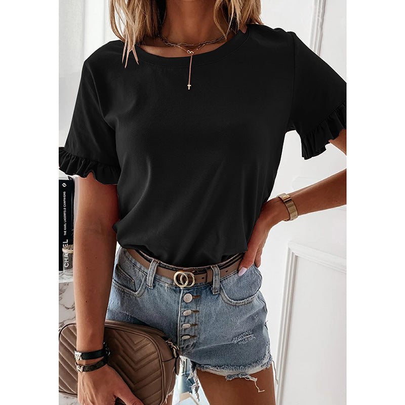 Solid Color Ruffled Round Neck Short Sleeve Top