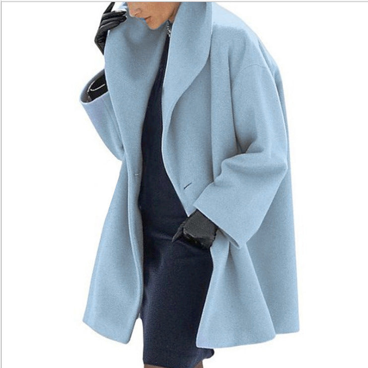 Round Neck Solid Color Woolen Coat