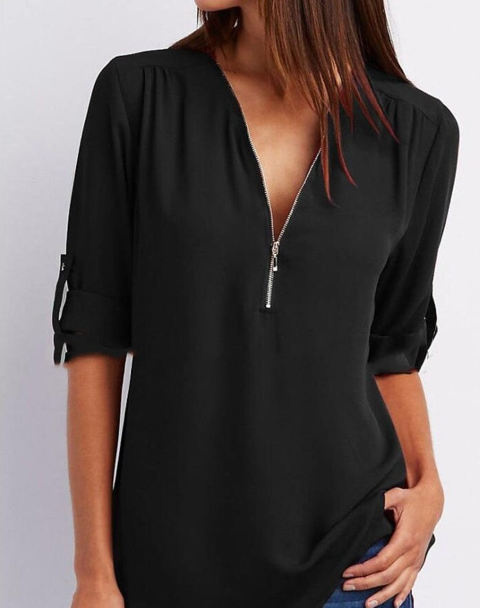 Zip V-neck Short Sleeve Loose Top