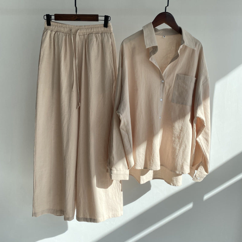 Cotton & Linen Shirt Set with High Waist Loose Trousers