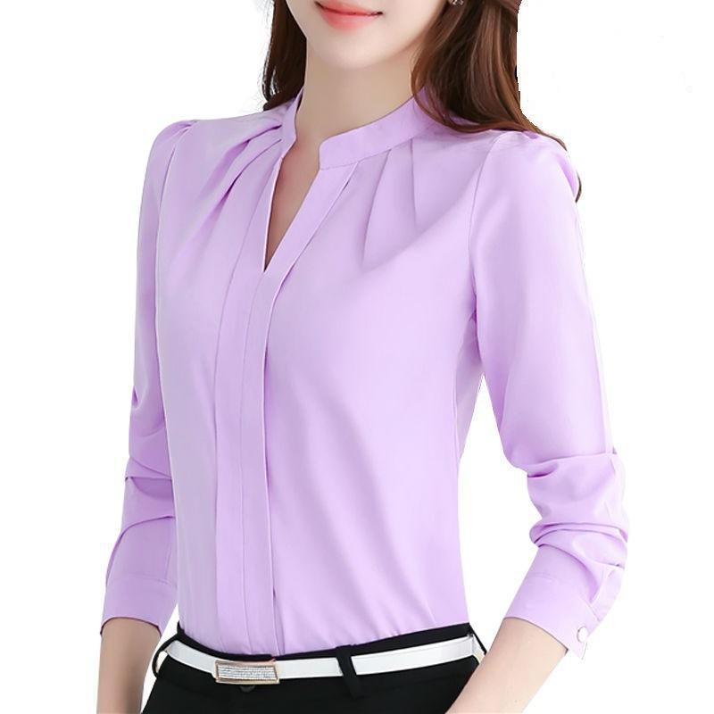 V-Neck Long-Sleeved Elegant Ladies Chiffon Shirt