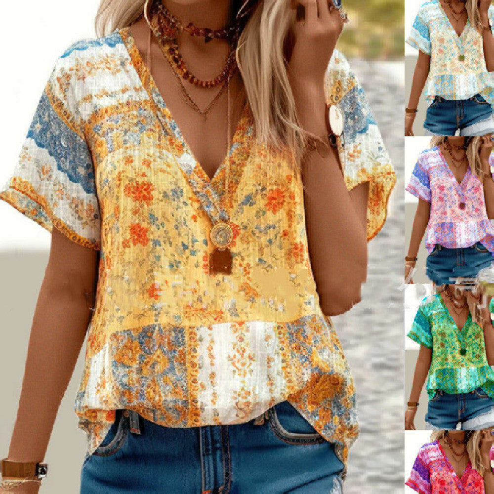 V-neck Printed Short-sleeved T-Shirt