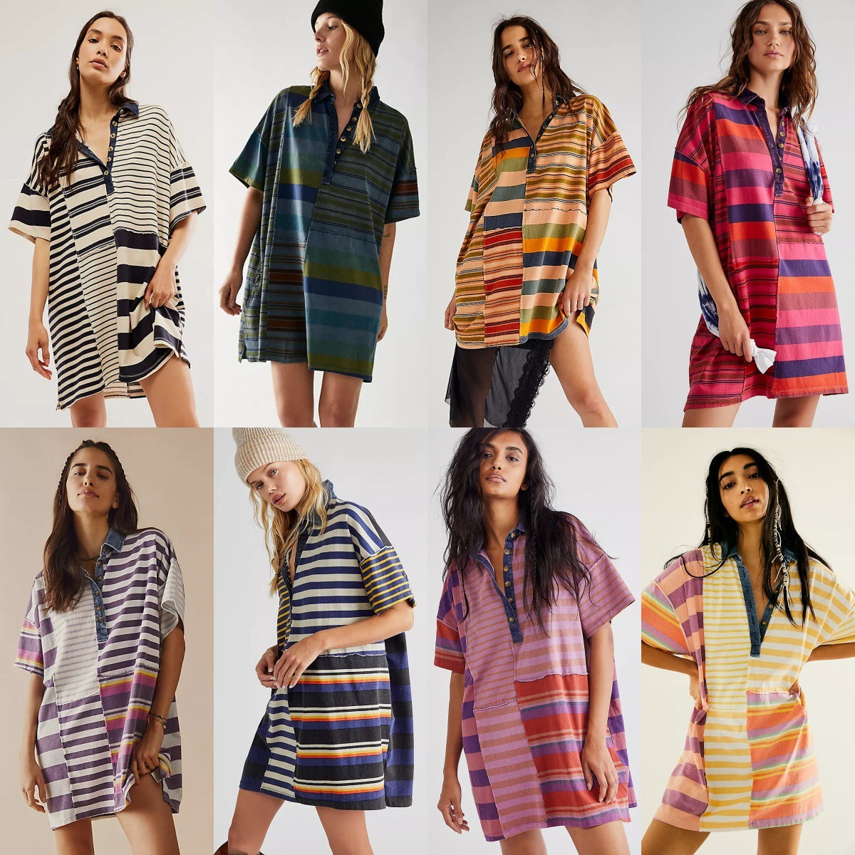 Mid-sleeve Lapel Contrast Color Striped Loose Casual Dress