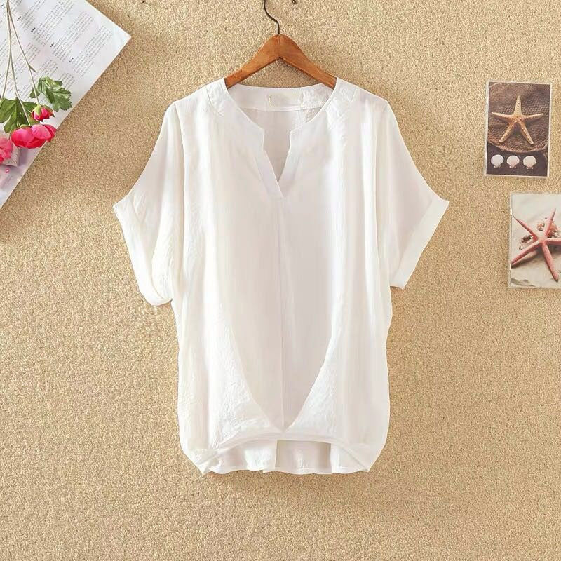 Solid Color V-neck Batwing Loose Slimming Cotton & Linen Top