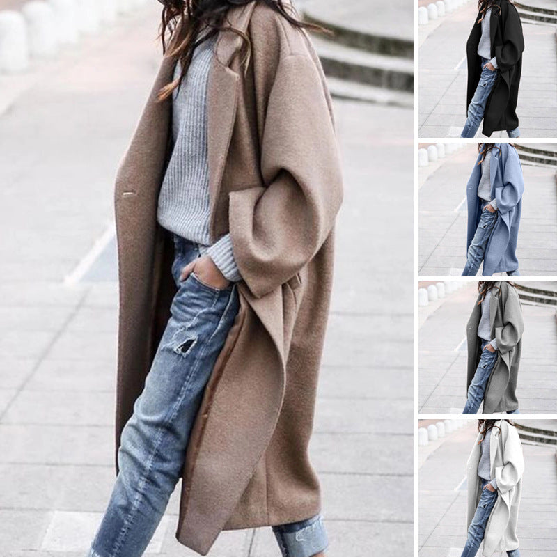 Solid Color Single Breasted Lapel Woolen Coat