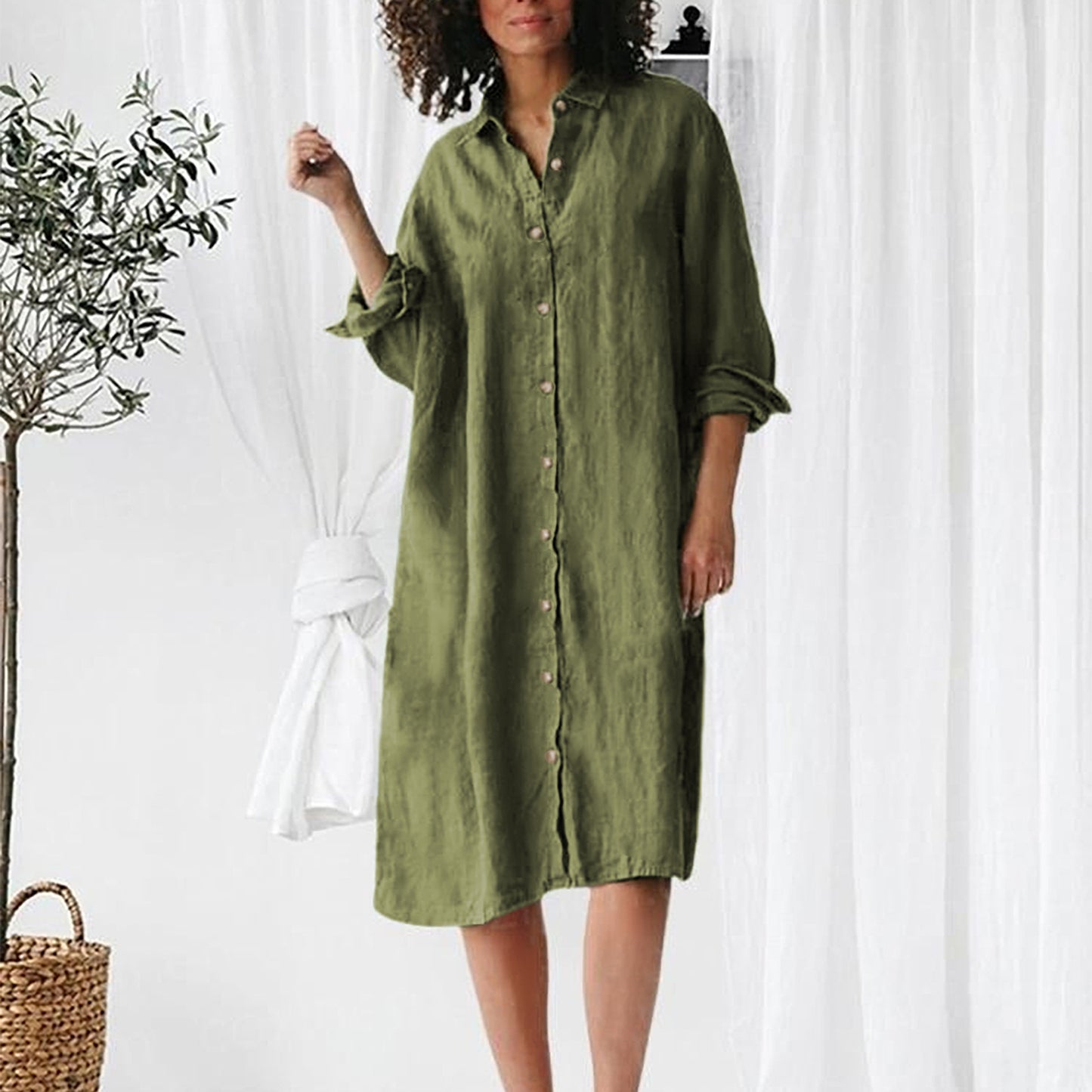 Long Sleeve Lapel Button Mid-length Shirt Dress