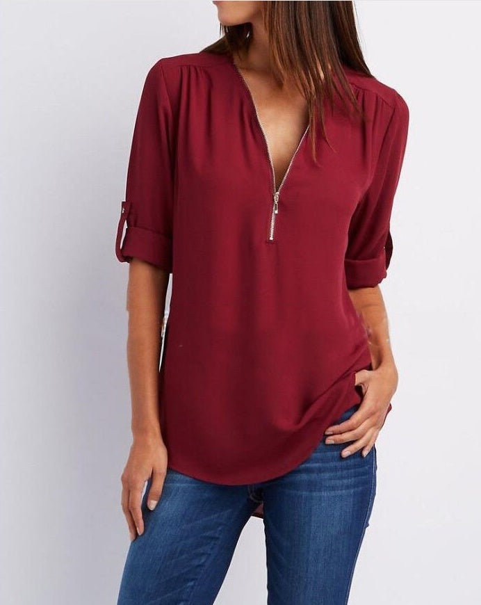 Zip V-neck Short Sleeve Loose Top