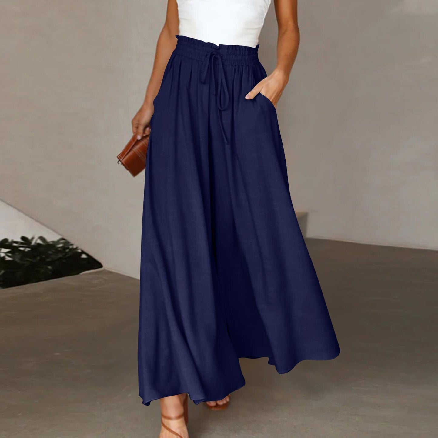 Wide Leg Elastic Waistband High Waist Long Dress Pants