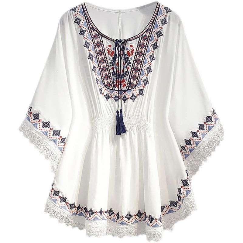 Loose Waist-controlled Vintage Printed Chiffon Top