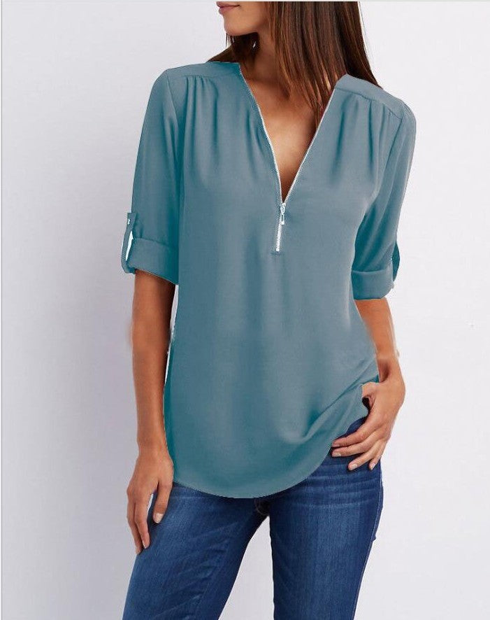 Zip V-neck Short Sleeve Loose Top