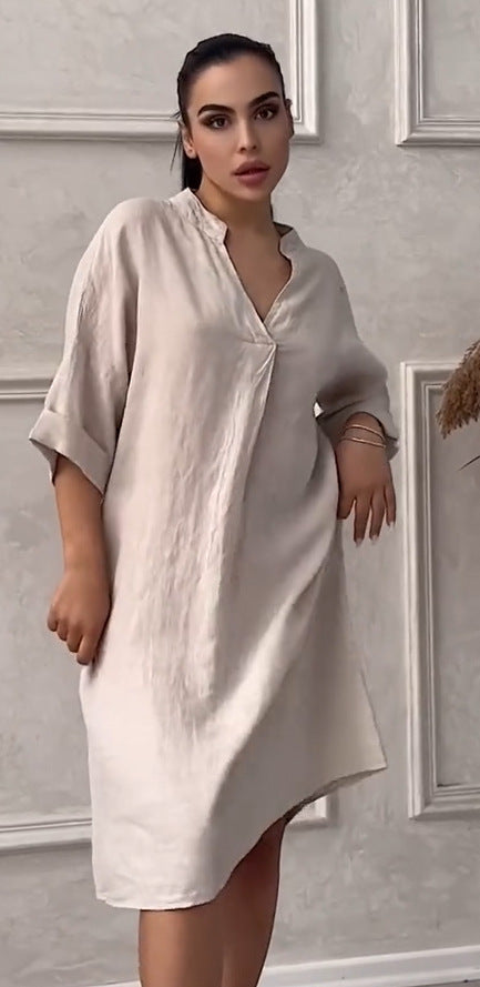 Plus Size Cotton Linen V-neck Dress