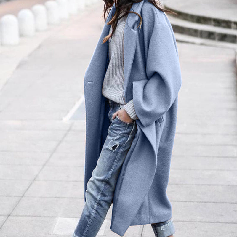 Solid Color Single Breasted Lapel Woolen Coat