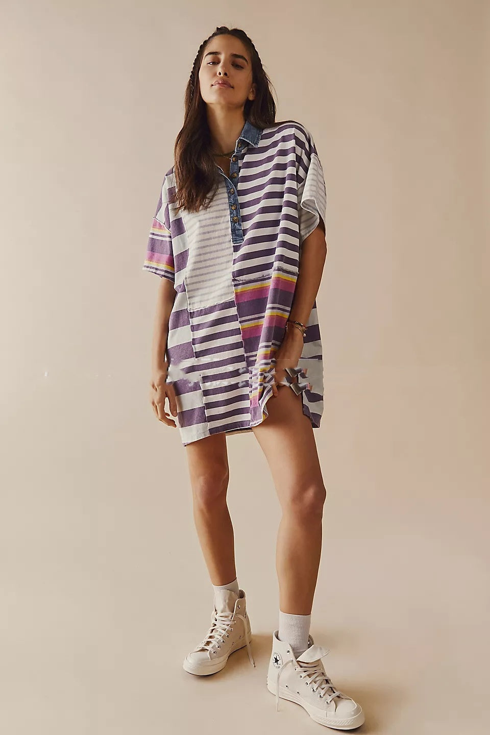 Mid-sleeve Lapel Contrast Color Striped Loose Casual Dress