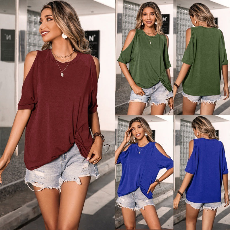 Off Shoulder Short Sleeve Crew Neck Knit Top T-Shirt