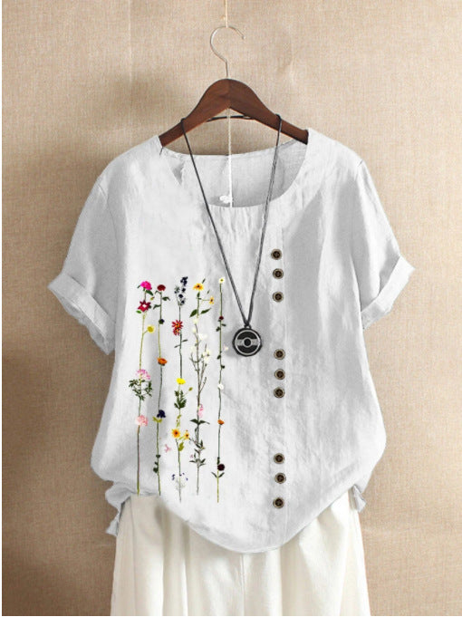 Retro Cotton & Linen Printed Loose Short-sleeved Top