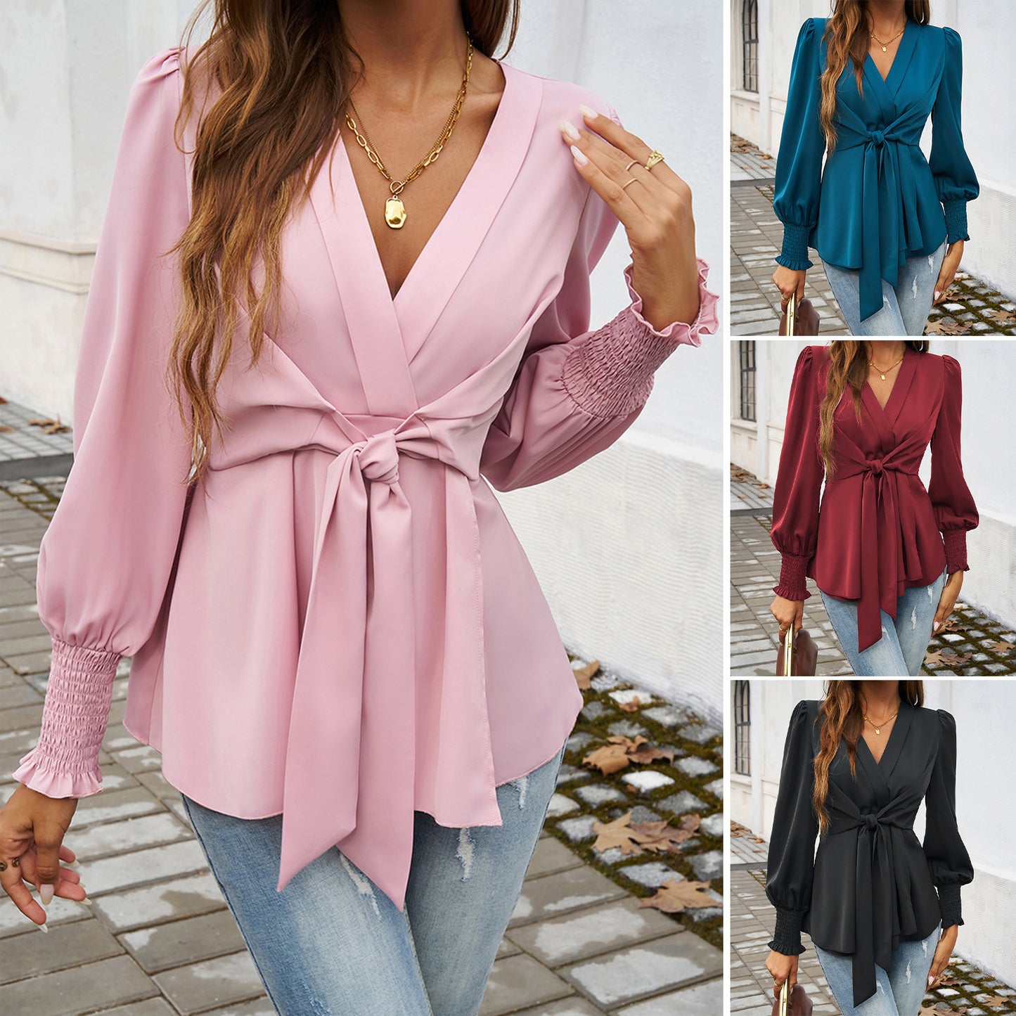 Temperament Leisure V-neck Solid Color Long-sleeved Top