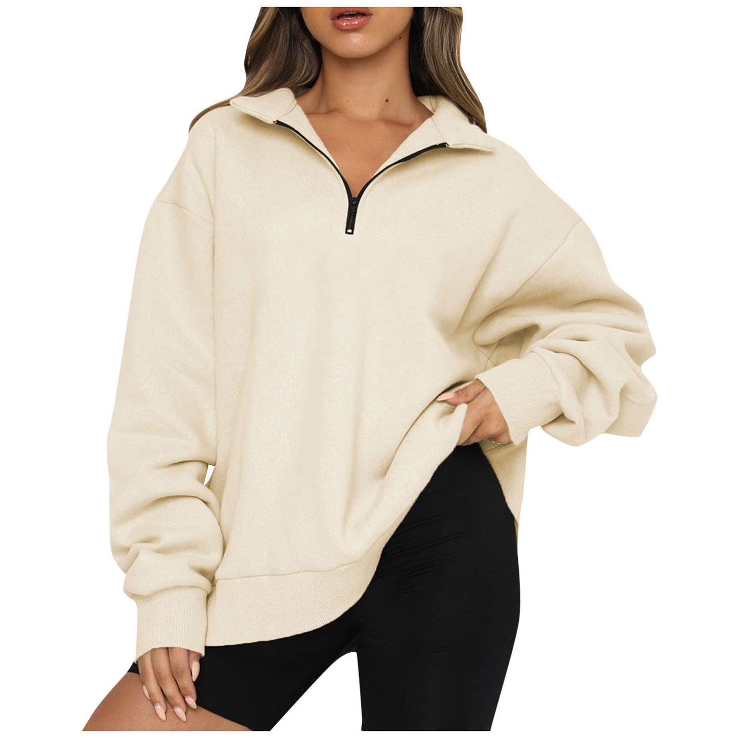 Zip Turndown Collar Loose Casual Hoodie