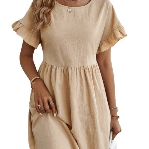 Elegant Round Neck Loose Cotton & Linen Dress