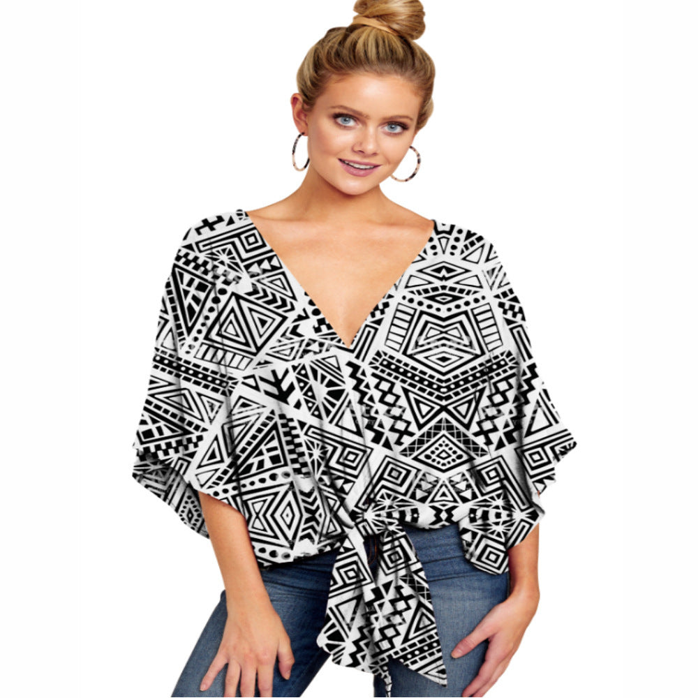 V-Neck Short-Sleeved Printed Loose Top