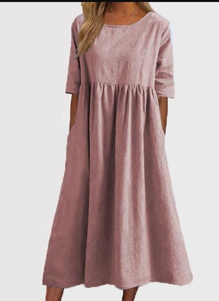 Plus Size Round Neck Loose Long Solid Color Cotton Linen Dress