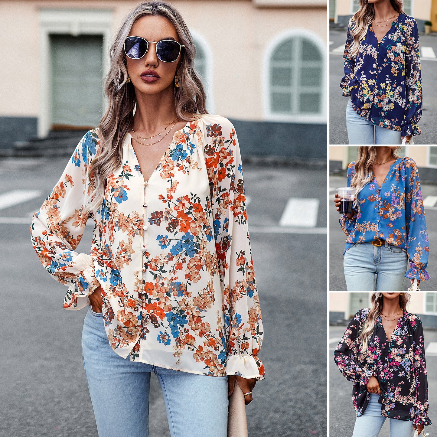 Floral Print V Neck Long Sleeve Chiffon Shirt